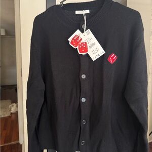 Men's Button-Front Sweater Cardigan with Red Dice Patch